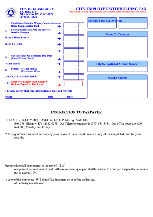 City Employee Withholding Tax Form Printable pdf