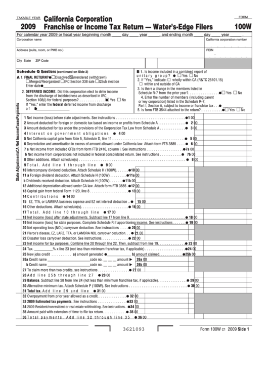 Fillable Form 100w - California Corporation Franchise Or Income Tax Return - Water