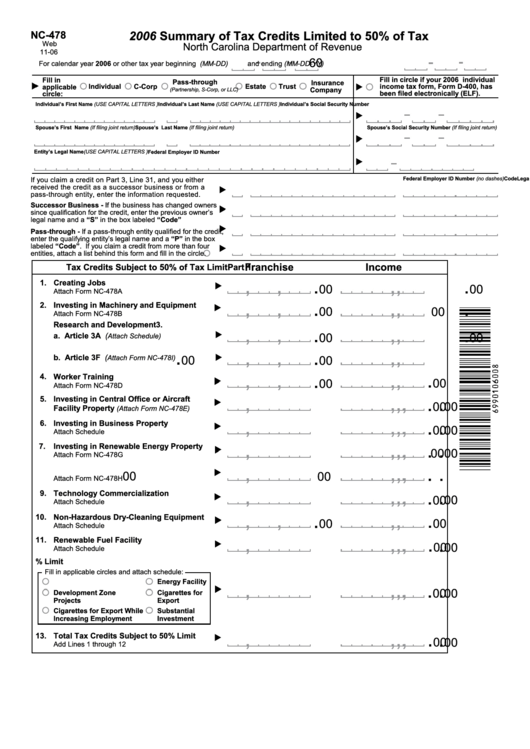 Form Nc-478 - Summary Of Tax Credits Limited To 50% Of Tax November 2006 Printable pdf