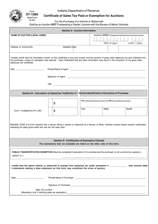Form St-108a - Certificate Of Sales Tax Paid Or Exemption For Auctions Printable pdf