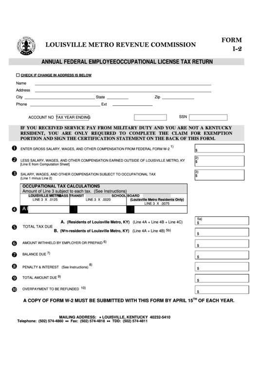 Fillable Form I-2 - Annual Federal Employee Occupational License Tax Return Printable pdf