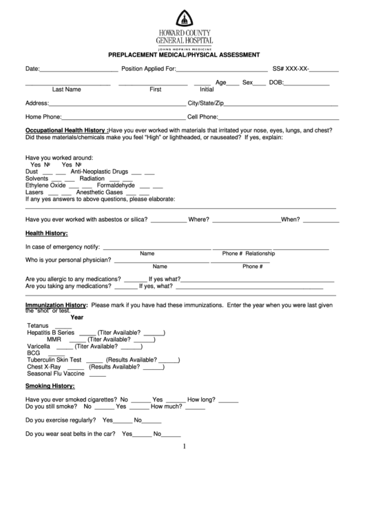 Preplacement Medical/physical Assessment Form - Howard County General Hospital - Printable pdf