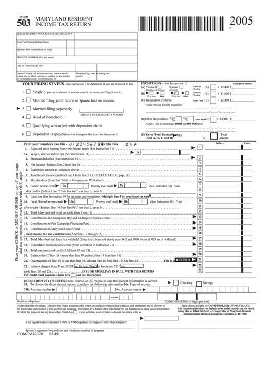 Fillable Form 503 - Maryland Resident Income Tax Return - 2005 Printable pdf