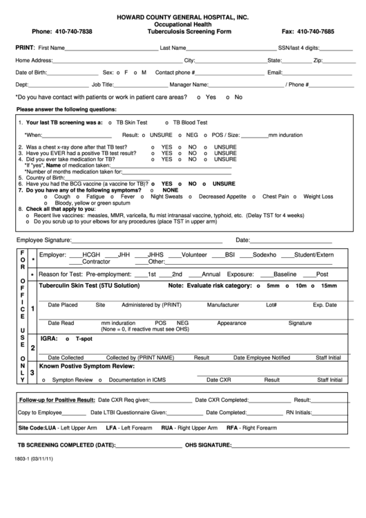 Form 1803-1 - Occupational Health Tuberculosis Screening Form - Howard County General Hospital - Maryland Printable pdf