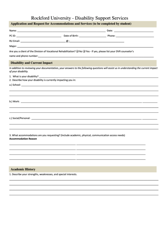 Application And Request For Accommodations And Services Form - Rockford University - Disability Support Services Printable pdf
