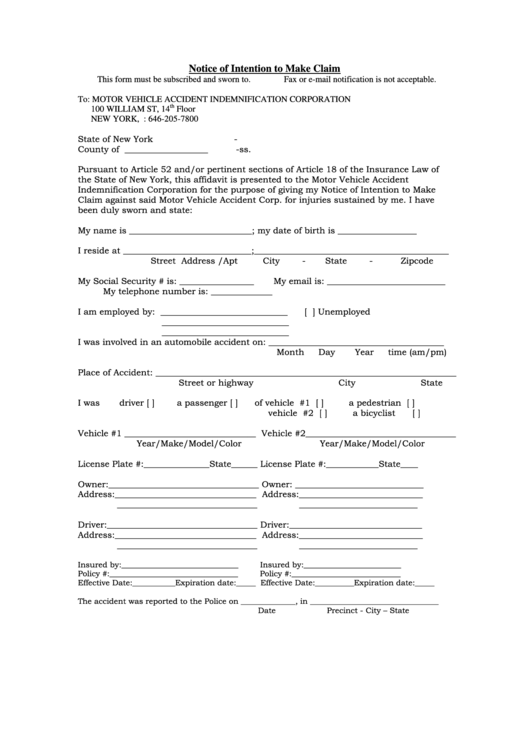 Notice Of Intention To Make Claim Form Printable pdf