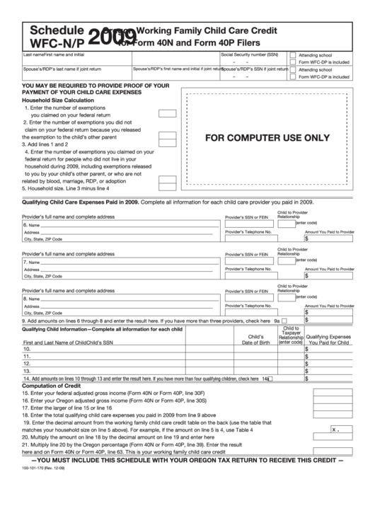 Fillable Form 150-101-170 - Schedule Wfc-N/p - Oregon Working Family Child Care Credit For Form 40n And Form 40p Filers - 2009 Printable pdf