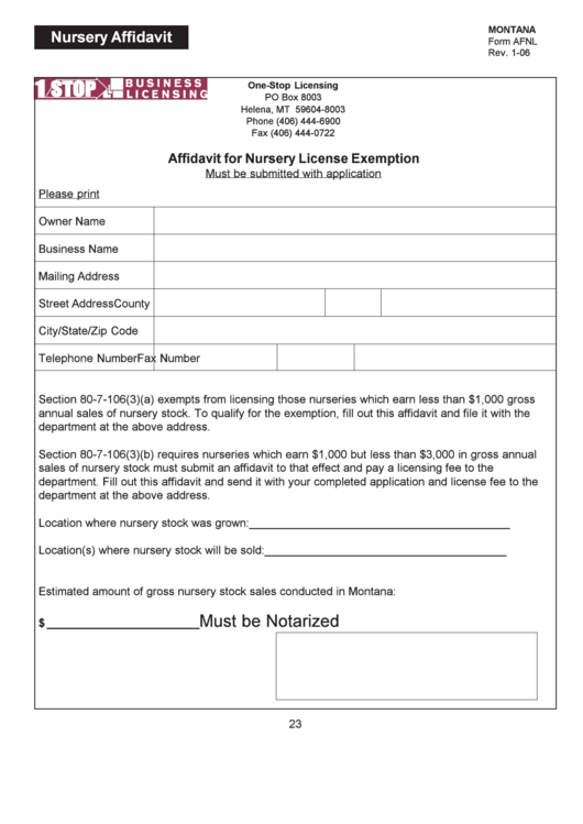 Form Afnl Affidavit For Nursery License Exemption January 2006