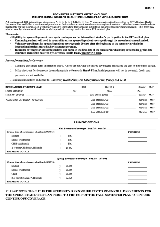 International Student Health Insurance Plan Application Form - Rochester Institute Of Technology Printable pdf