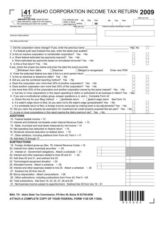 Form 41 - Idaho Corporation Income Tax Return - 2009 Printable pdf