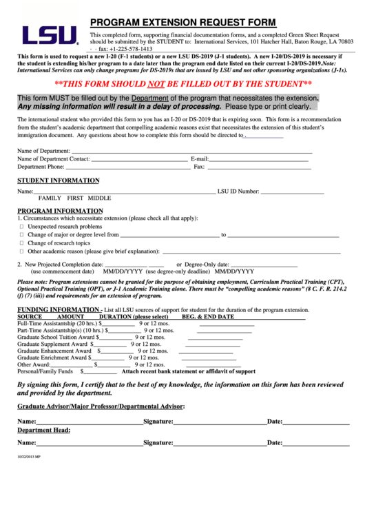 Fillable Program Extension Request Form - Louisiana State University Printable pdf