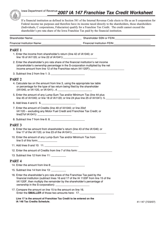 Form Ia 147 - Franchise Tax Credit Worksheet - 2007 Printable pdf