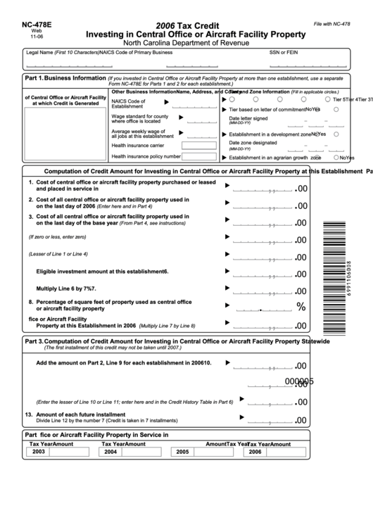 Form Nc-478e - Tax Credit Investing In Central Office Or Aircraft Facility Property November 2006 Printable pdf
