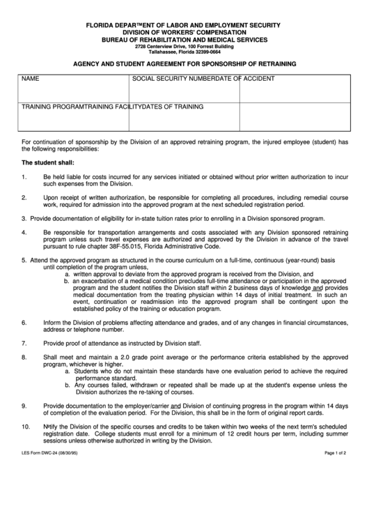 Form Dwc-24 - Agency And Student Agreement For Sponsorship Of Retraining Printable pdf