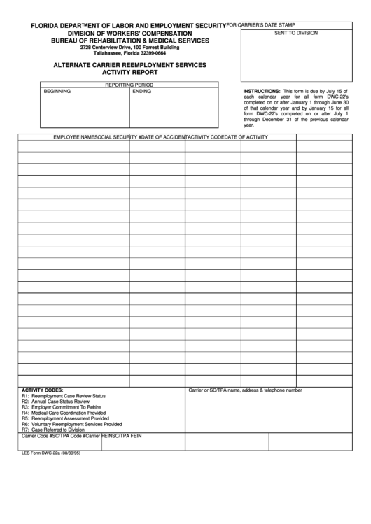 Form Dwc-22a - Alternate Carrier Reemployment Services Activity Report Printable pdf