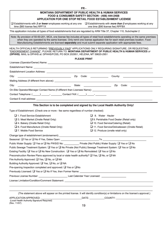 Application For One Stop Retail Food Establishment License - Montana Department Of Public Health & Human Services Printable pdf
