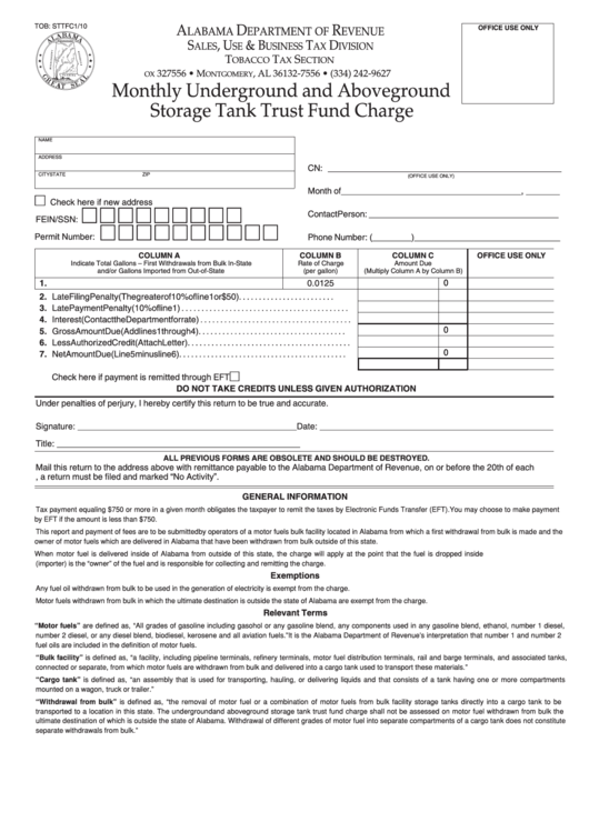 Fillable Form Tob: Sttfc - Monthly Underground And Aboveground Storage Tank Trust Fund Charge Printable pdf