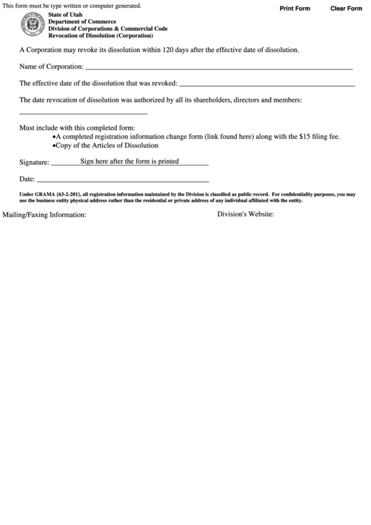 Fillable Revocation Of Dissolution (Corporation) Form - 2010 Printable pdf
