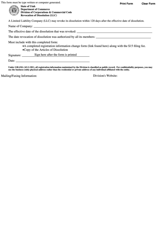 Fillable Revocation Of Dissolution (Llc) Form Printable pdf