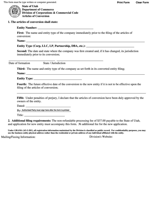 Fillable Articles Of Conversion Form Printable pdf