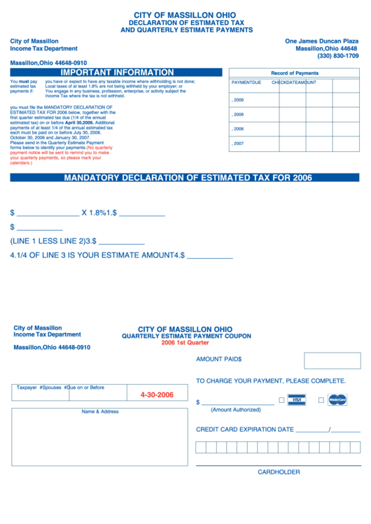 Declaration Form Of Estimated Tax And Quarterly Estimate Payments - 2006-2007 Printable pdf