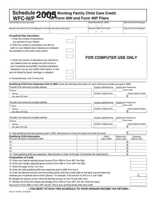 Fillable Schedule Wfc-N/p - Oregon Working Family Child Care Credit For Form 40n And Form 40p Filers - 2005 Printable pdf