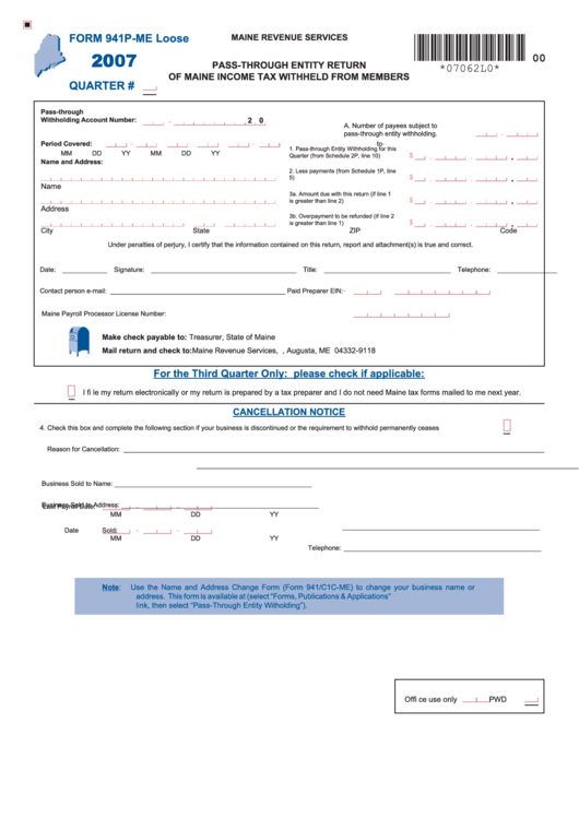 Form 941p-Me - Pass-Through Entity Return Of Maine Income Tax Withheld From Members - 2007 Printable pdf