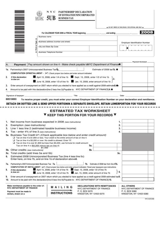 Fillable Form 5ub - Partnership Declaration Of Estimated Unincorporated Business Tax - 2008 Printable pdf