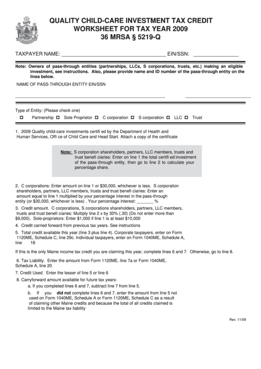 Quality Child-Care Investment Tax Credit Worksheet For Tax Year 2009 Printable pdf