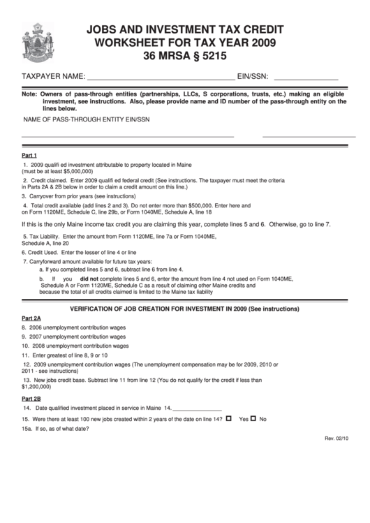 Jobs And Investment Tax Credit Worksheet For Tax Year 2009 Printable pdf