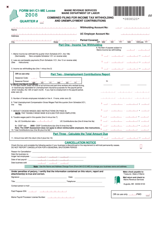 Form 941/c1-Me - Combined Filing For Income Tax Withholding And Unemployment Contributions - 2008 Printable pdf