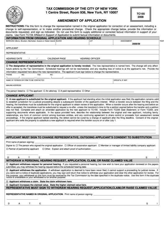 Form Tc155 - Tax Commission Amendment Of Application - 2008 Printable pdf