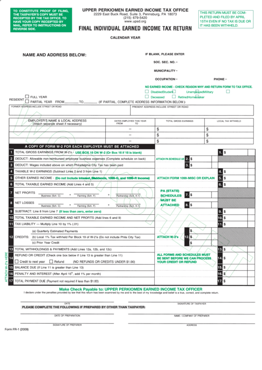 Form Fr-1 - Final Individual Earned Income Tax Return - 2009 Printable pdf