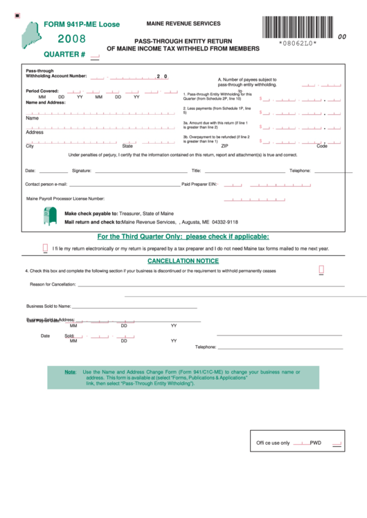 Form 941p-Me - Pass-Through Entity Return Of Maine Income Tax Withheld From Members - 2008 Printable pdf