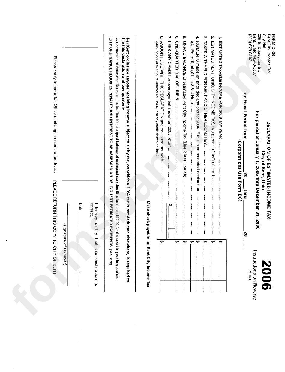 Form Di-06 - Declaration Of Estimated Income Tax - 2006