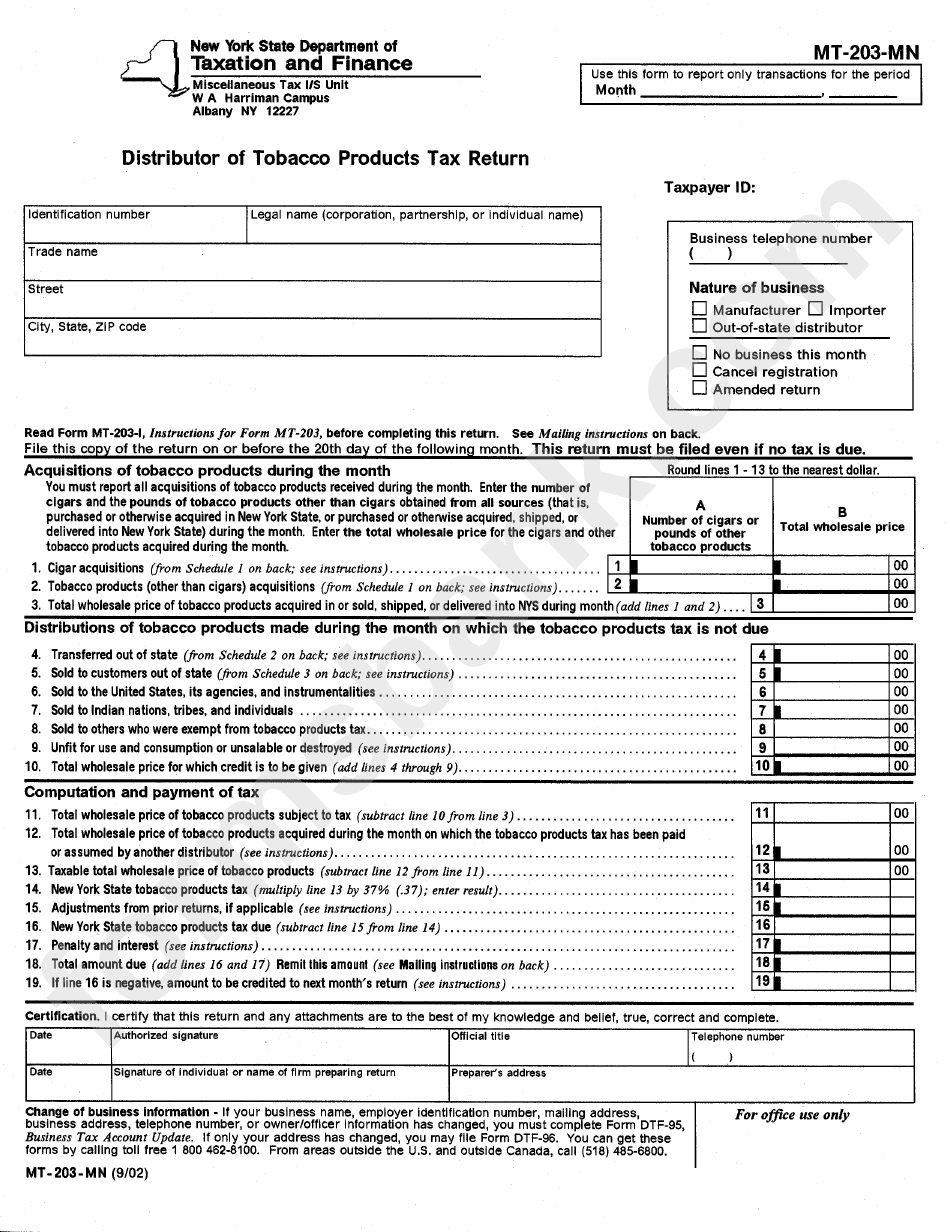 Form Mt-203-Mn - Distributor Of Tobacco Products Tax Return - 2002