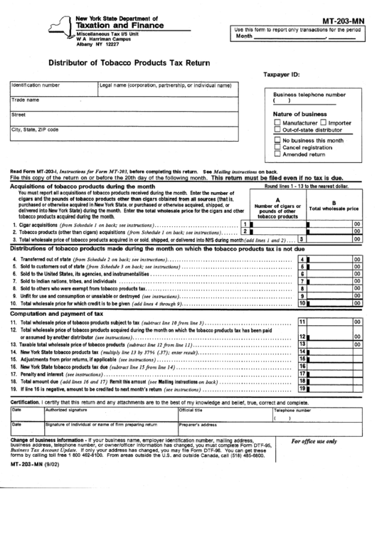 Form Mt-203-Mn - Distributor Of Tobacco Products Tax Return - 2002 Printable pdf