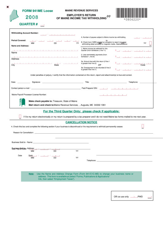 Form 941me - Employer's Return Of Maine Income Tax Withholding - 2008