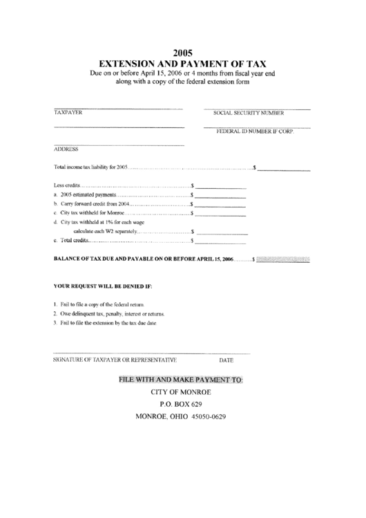 Extension And Payment Of Tax Form - 2005 Printable pdf