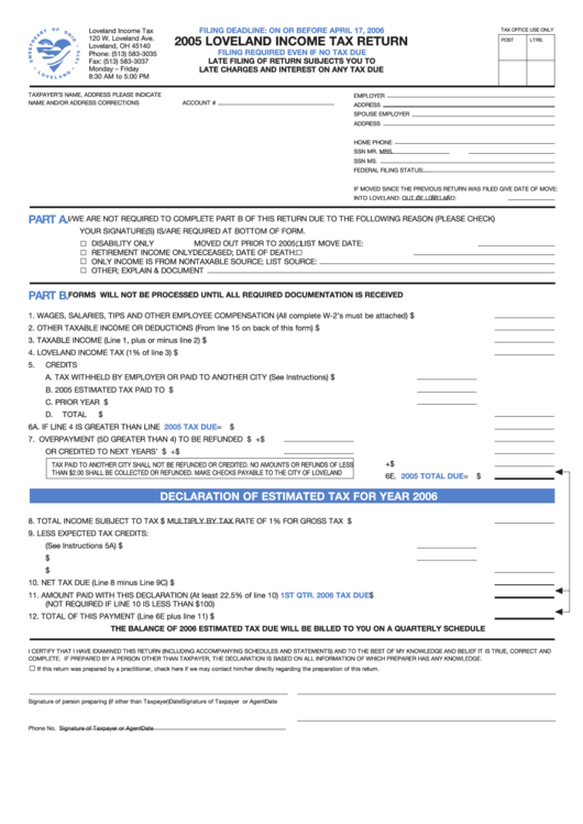 Loveland Income Tax Return Form-2005-2006 Printable pdf