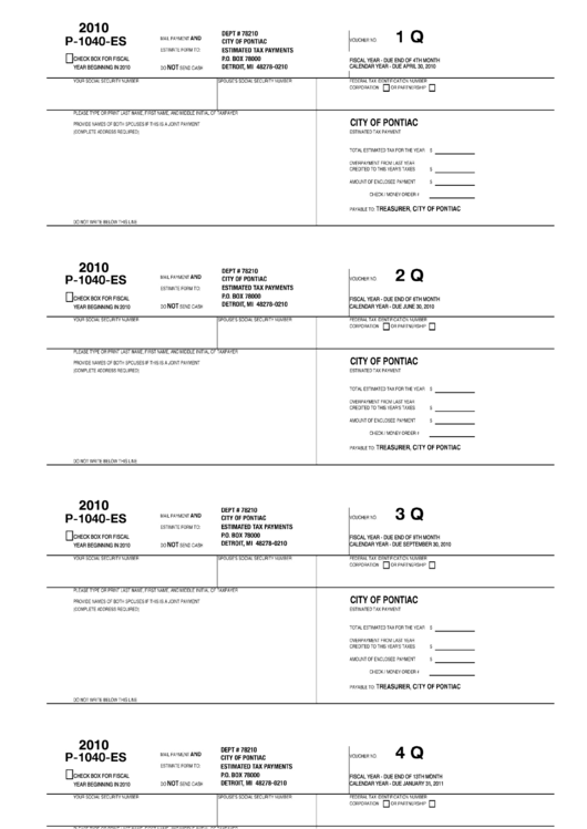 Form P-1040-Es - Estimated Tax Payment - 2010 Printable pdf