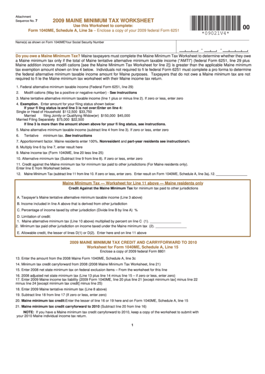 2009 Maine Minimum Tax Worksheet Printable pdf