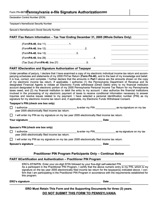 Form Pa-8879 - Pennsylvania E-File Signature Authorization - 2005 Printable pdf