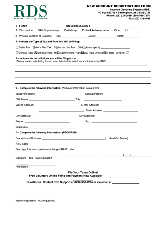 New Account Registration Form - 2010 Printable pdf