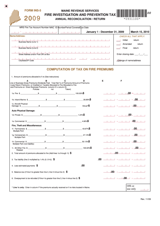 Form Ins-5 - Fire Investigation And Prevention Tax Annual Reconciliation/return - 2009 Printable pdf
