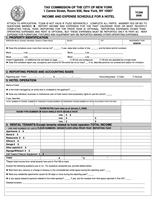 Form Tc208 - Income And Expense Schedule For A Hotel - 2008 Printable pdf