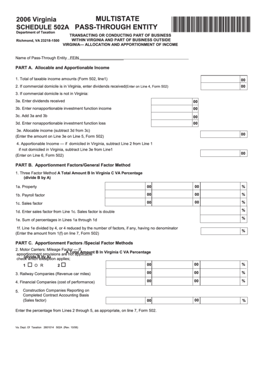 Schedule 502a - Multistate Pass-Through Entity - 2006 Printable pdf