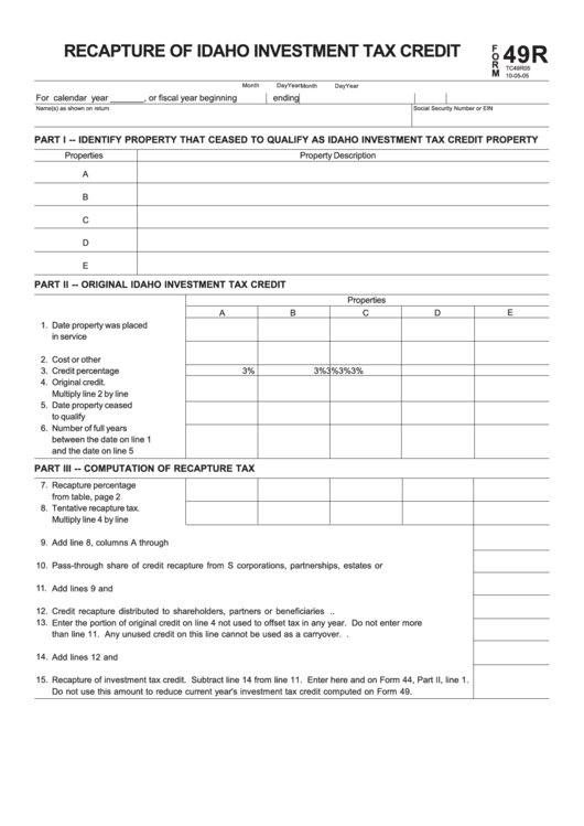Form 49r - Recapture Of Idaho Investment Tax Credit - 2005 Printable pdf