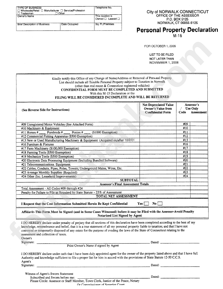 Form M-15 - Personal Property Declaration - City Of Norwalk