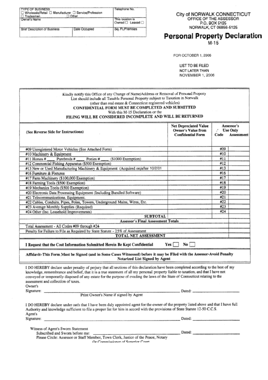 Form M-15 - Personal Property Declaration - City Of Norwalk Printable pdf